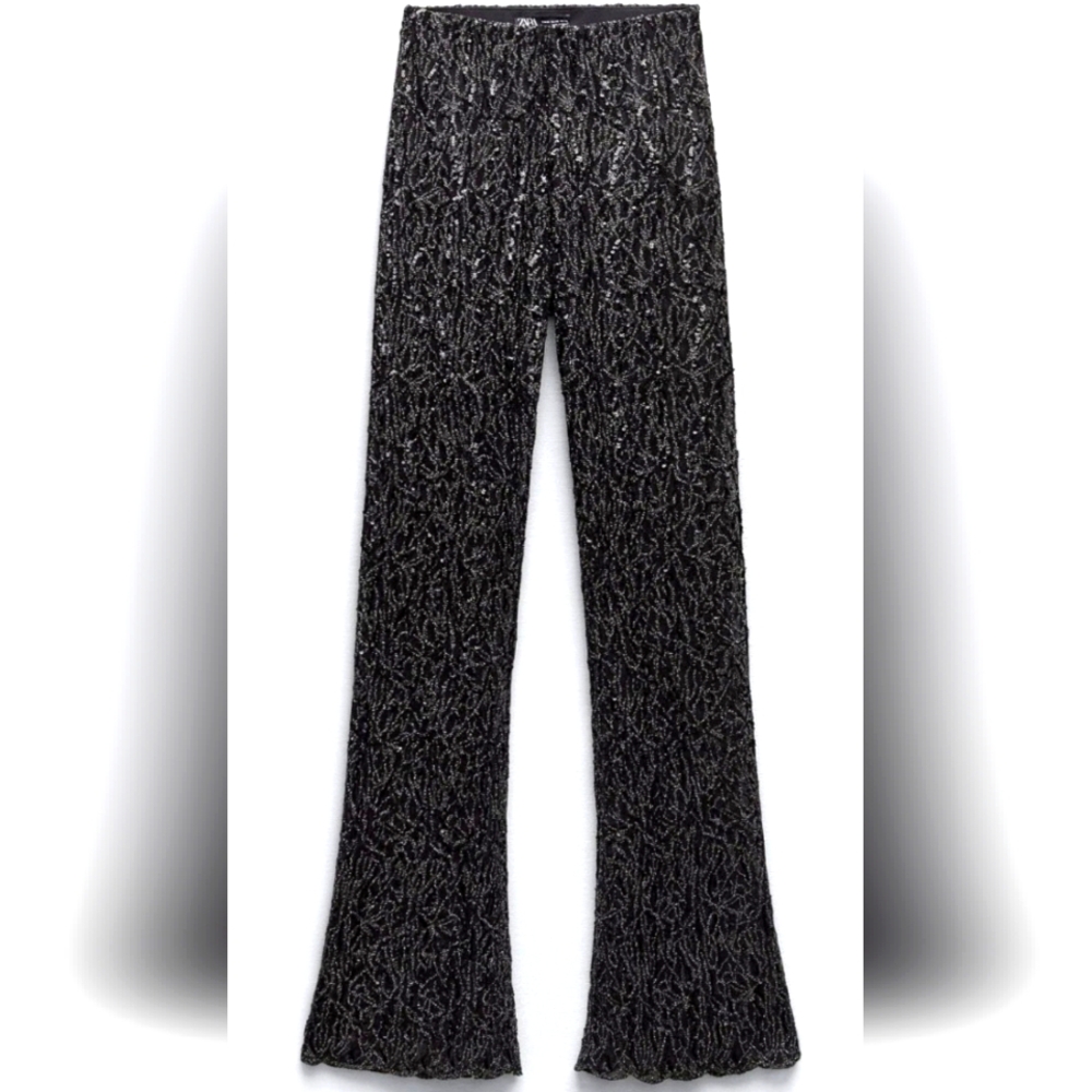 ZARA Festive Days Semi-Sheer Flared Sequin Leggings Pants XSmall